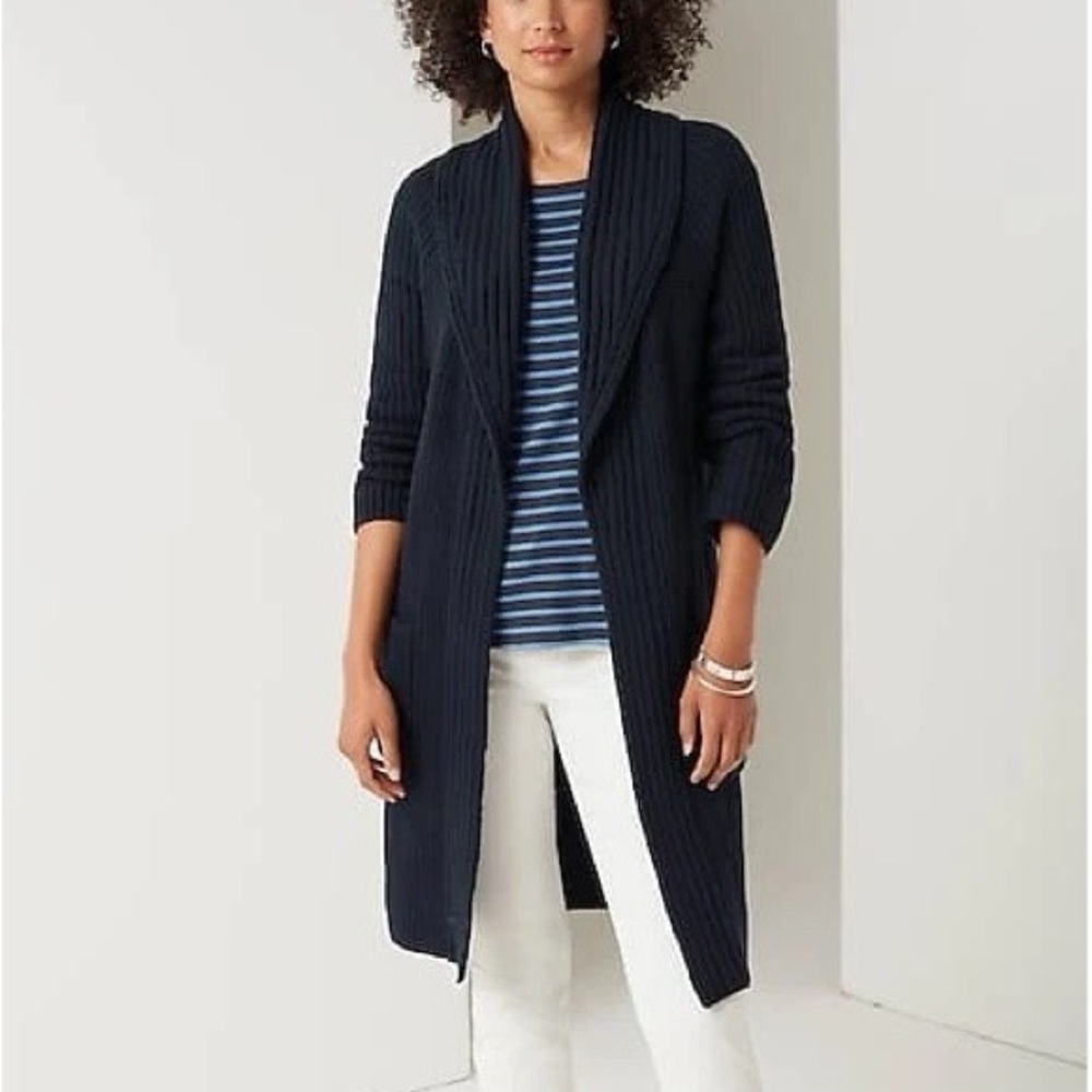J.JILL | Rib-Textured Open-Front Knit Cardigan Sweater in Navy Blue | XL